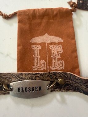 'Blessed' Leather Plate Bracelet in Brown with silver Plate